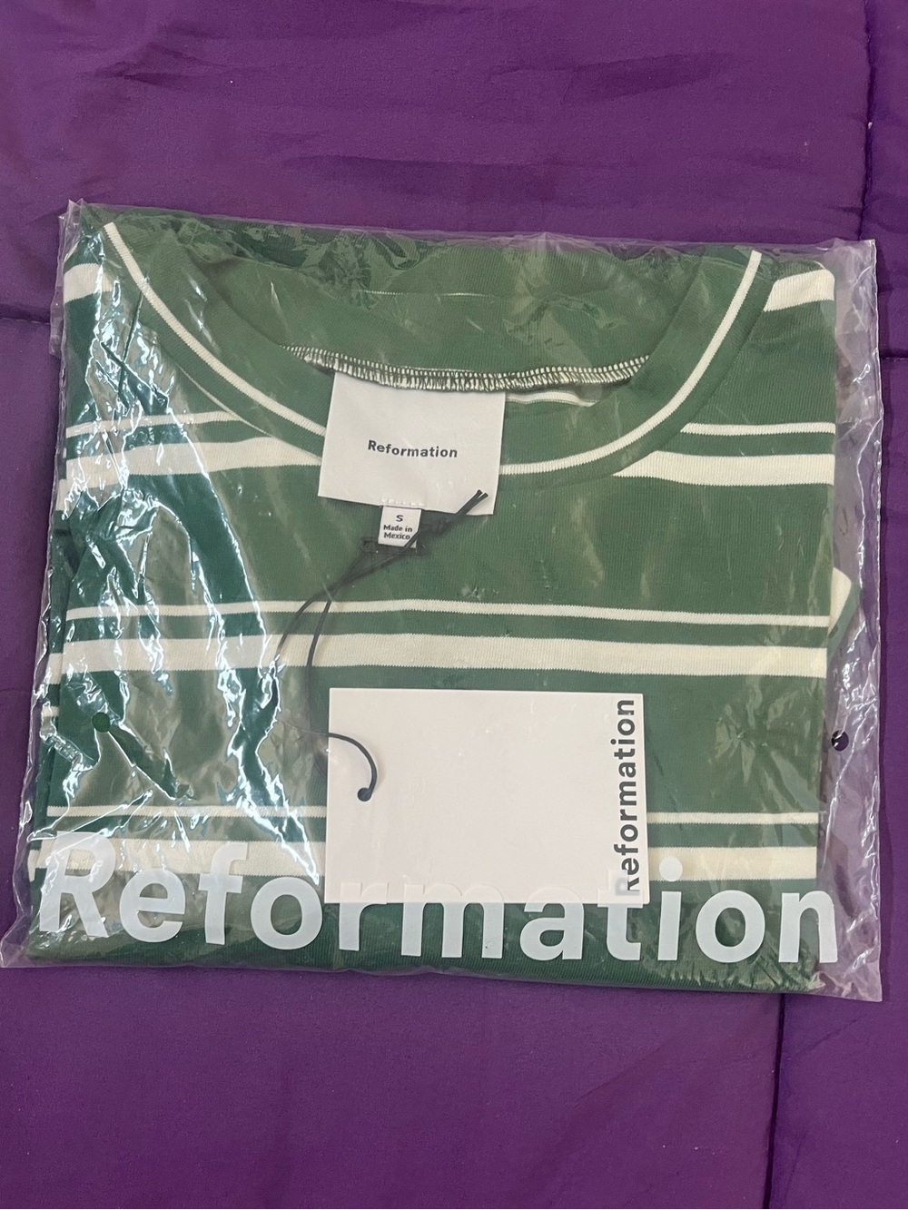Reformation Rowan Crew Tee Laguna Stripe Green & Sz: Small Orig: $48 - Picture 2 of 6